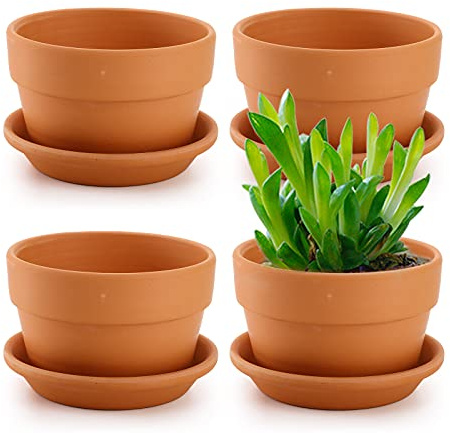Suwimut 4 Pack Terracotta Pots with Saucer, 15cm/6 Inch Large Terra Cotta Plant Pot with Drainage Hole, Clay Flower Planter Pot with Tray for Indoor Outdoor Plant