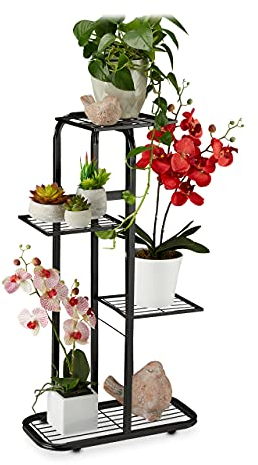 Relaxdays Scaffale Portafiori in Metallo, Fioriera da Esterno e Interno 4 Mensole Porta Piante, 81x44x24,5 cm, Nero