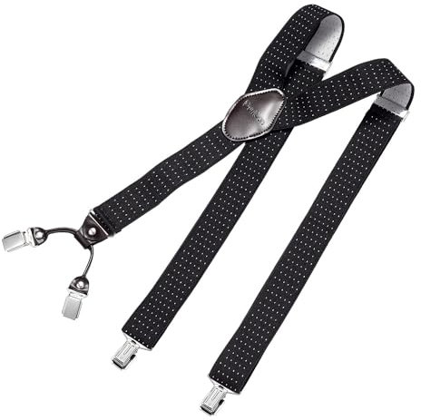 DonDon Hosenträger Herren extra stark gepunktet schwarz weiß 3,5 cm Hosenträger Herren breit mit brauem Leder in Y-Form lang - Starke Clips passend für Anzug Jeans Chinos Vintage Rockabilly Suspenders