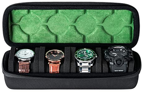 RIGICASE 4 slots Watch travel case, hard watch box storage organize holder, with soft foam insert fit watches up to 55mm face,green microfiber lining