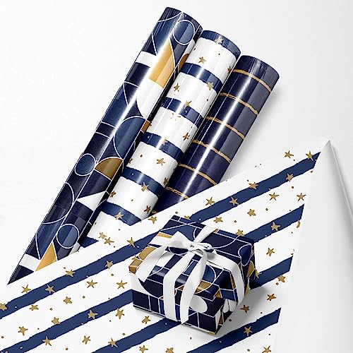 43x300cm Blau Gold Geschenkpapier für Geburtstage- 3 Rollen