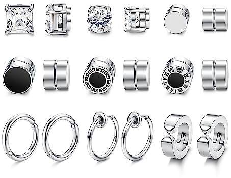 MILACOLATO 9 Pairs Earrings for Men Women Non Pierced Silver 316L Stainless Steel CZ Clip on Earring Stud and Huggie Hoop Fake Earrings Set Silver