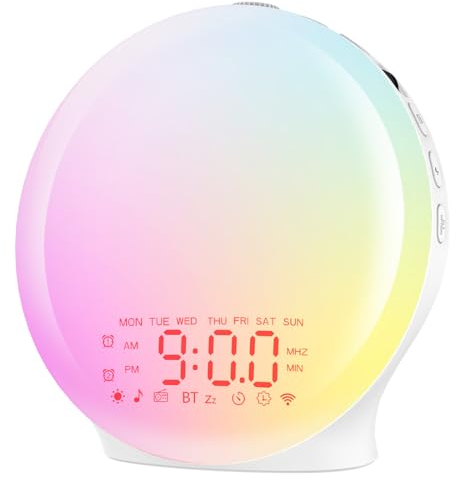Sveglia Alba Bluetooth,Wake up Light Luce Sveglia, Sveglia da Comodino Luce a Schermo Intero con Simulazione Alba/Tramonto,Doppio Allarme,17 Colori, 22 Suoni Naturali,Snooze,Radio FM,Controllo Rullo