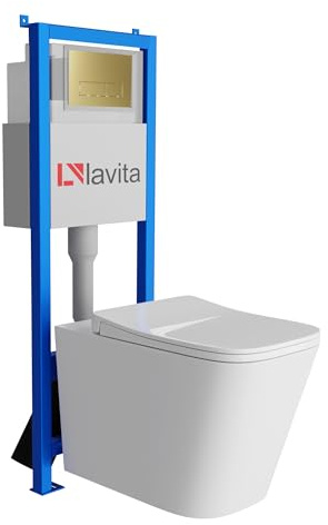 Lavita LAV 101 LAV 200.3.5 - Elemento de pared para inodoro de 40 cm + lavabo profundo, color blanco, sin bordes + placa de control LAV 200.3.5 dorado, juego completo | cisterna empotrada | inodoro