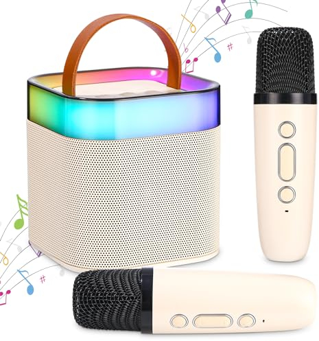 Karaoke Maschine mit 2 Drahtlosen Mikrofonen, Tragbares Drahtlos Karaoke Maschine für Kinder Erwachsene Lautsprecher mit Stimme wechselnde Effekte & LED-Lichter Geschenke für mädchen Jungen(Beige)