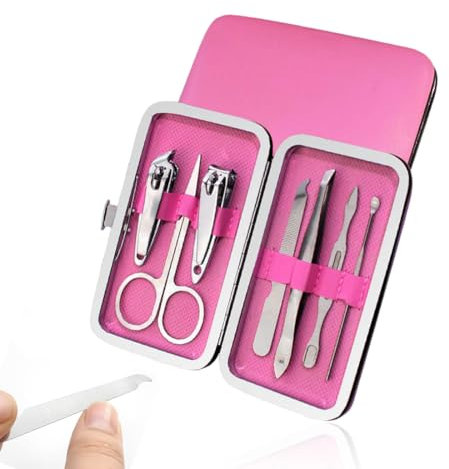 SULIUDAJI Tagliaunghie Set Professionale, 7 Pezzi Grooming Kit Strumenti Per Manicure Con Bella Box (Rosa Rossa)