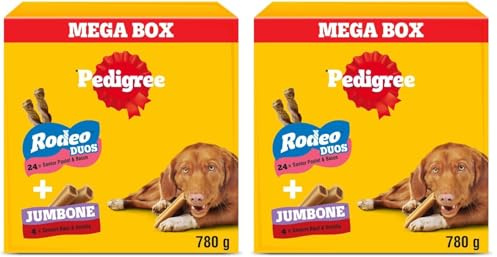 PEDIGREE Mega Box Récompenses - Mix Friandises Rodeo Duo 24 Sticks & Jumbone 4 Os à Mâcher - 780g - Friandises Idéales pour Eduquer ou Faire Plaisir à Son Chien (Lot de 2)