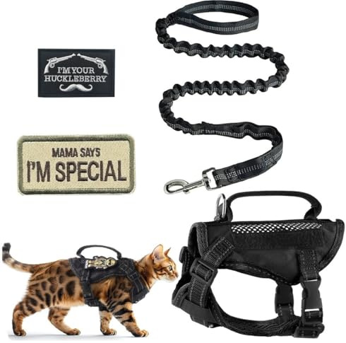 ZHHSUNY Kattsele, med handtag Anti Escape Kattsele för små katter, justerbar andningsbar kattkrage och kattungekoppel, med reflekterande broderade emblem Kattsele och koppel set (Svart, S)