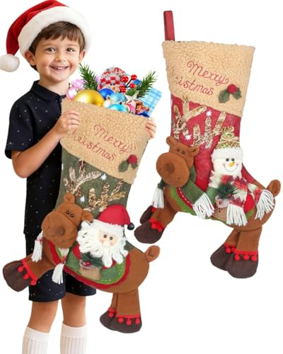EXTFANS Large Christmas Stocking Set of 2 - Giant 24 Inch Hanging Xmas stockings for Tree & Mantel Decor, 3D xmas Stockings With Santa & Snowman Design for Fireplace, Christmas Tree Wall, Stairs