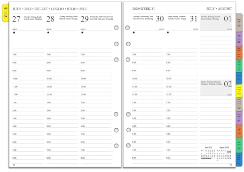2026 2027 veckoplanerare inlägg A5 6 hål – vertikal layout (kl. 7–20), 1 vecka 2 sidor med flikar, anteckningar, kontakt, aug. 2026–jul. 2027, 100 gsm påfyllningspapper för kalender 26/27 planerare