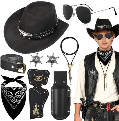 Kyndara 9Pcs Western Cowboy Accessory Set for Men, Wild Cowboy Outfit Kit with Hat Necklace Sunglasses Badges Belt Bandana Beer Holster for Adult Carnivals Cosplay Parties