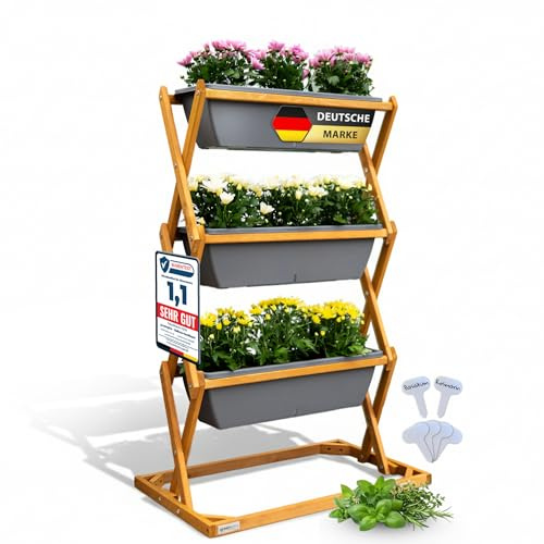 greenspire Hochbeet Balkon aus Holz, 3 Etagen mit Drainagesystem – Kräuterbeet, vertikaler Garten mit Wasserstandsanzeige für optimale Bewässerung – vormontiert – für Balkon oder Terrasse (Anthrazit)