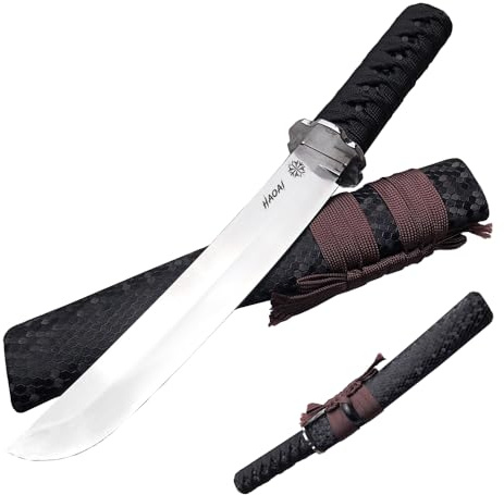 HAOAI Artisanal Japonais tanto Couteau La saya est finie en laque noire et équipée d'une sageo La tsuka est enveloppée de ito noir sur des nœuds pour le Camping et la Survie (VG-10)