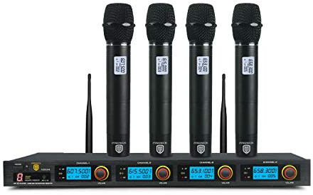 PRORECK MX44 4-Channel UHF Wireless Microphone System with 4 Hand-held Microphones Karaoke Machine for Party/Wedding/Church/Conference/Speech