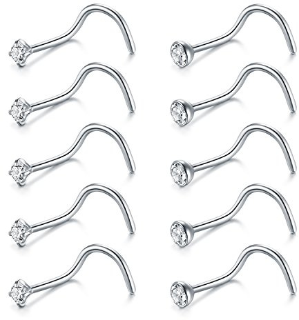 Briana Williams Nose Rings 10Pcs 20G Nose Screw Rings Studs Surgical Steel Sliver Piercing Jewelry 2mm Clear CZ