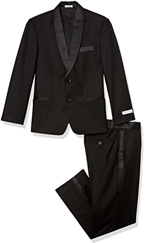 Calvin Klein Boys' 2-piece Formal Tuxedo Suit Set, Includes Jacket & Dress Pants, Satin Trim Detailing & Functional Pockets, Black, 20