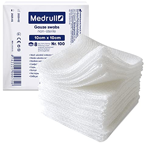 Medrull Nicht Sterile Wundauflagen Baumwolle 8-lagige Kompressen 10x10 cm100 Stück Mulltupfer Unsterile