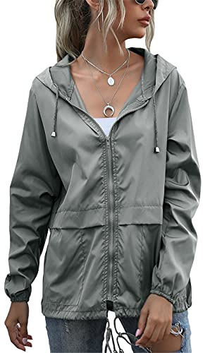 SotRong Chaquetas impermeables ligeras y plegables para mujer, cortavientos, para exteriores, con cremallera, para ciclismo y running, con capucha, de secado rápido, impermeable al agua, gris claro, M