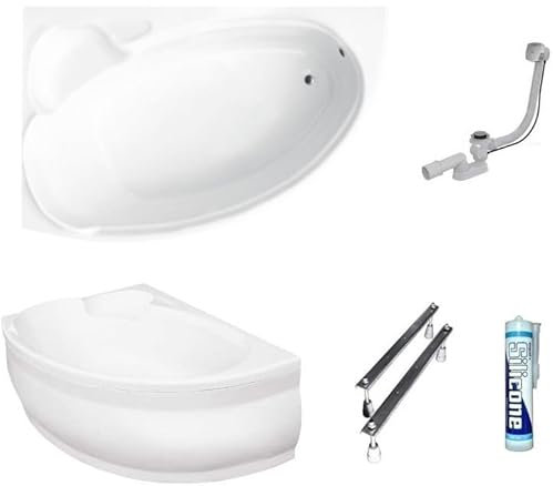 ECOLAM Baignoire d'angle en acrylique Finezja 140x95 cm | version gauche | tablier acrylique | pieds siphon et silicone | baignoire confortable