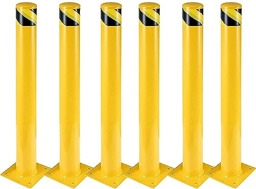 Safety Bollard 6 Packs, 42 Inch Height Bollard Post, 4.5 Inch Diameter, Yellow Safety Steel Bollard Post with 8 Anchor Bolts, for Traffic Control, Driveway Barrier, Parking Pole