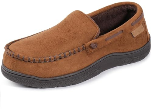 Zigzagger Men's Moccasin Slippers Memory Foam House Shoes, Indoor and Outdoor Warm Loafer Slippers, Camel, 11.5 M US