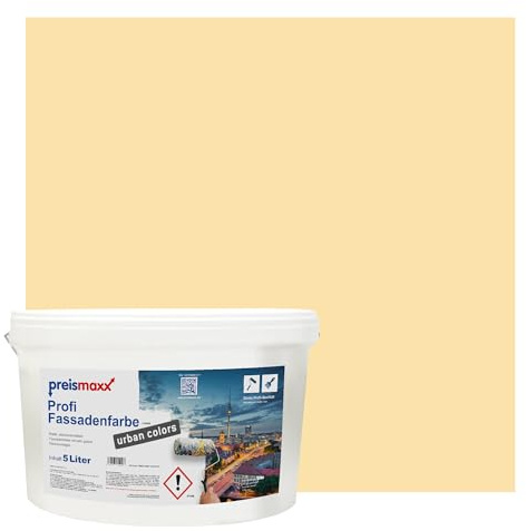 Preismaxx Profi Fassadenfarbe urban colors, bunte Außenfarbe, gelb, sandgelb, sand yellow 5L, matte, wasserabweisende Aussen-Dispersion, hohe Wasserdampfdurchlässigkeit