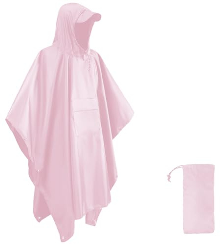 HYCOPROT Poncho Impermeabile, Multifunzionale Impermeabile 210T Oxford Riutilizzabile Pioggia con Cappuccio e Tasca Sul Petto, Poncho Antipioggia per Trekking Campeggio Pesca Escursione (Rosa)