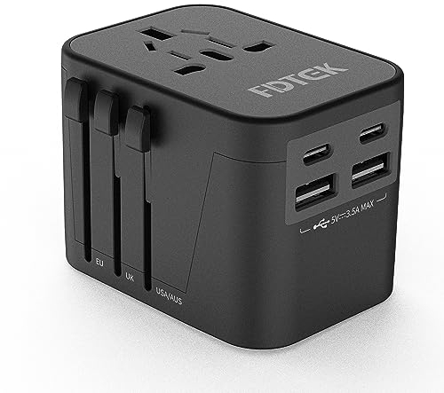 Adattatore Universale da Viaggio, FDTEK Presa Universale da Viaggio con 2 USB(2.4A) e 2 Tipo C(3.0A) Presa Internazionale da Viaggio, Adattatore Presa per Italia/EU/UK/America 200+ i Paesi nel Mondo