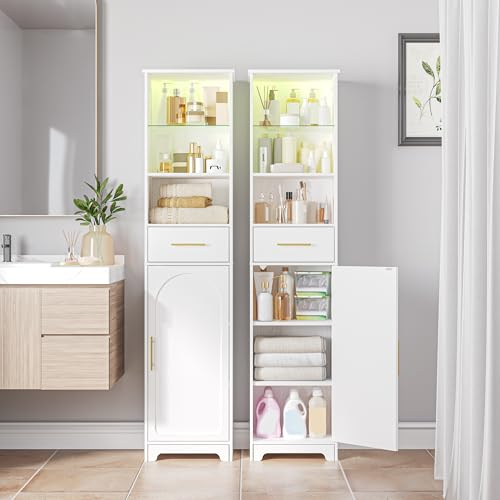 Hzuaneri Badezimmerschrank mit LED, Aufbewahrungsschrank mit 1 Schublade und 1 Schranktür, Verstellbare Einlegeböden, Hoher Schmaler Schrank für Badezimmer, Wohnzimmer, Waschküche, Weiß SC38213X