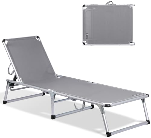 Homecall Sonnenliege Gartenliege Leicht Sonnenliege Klappbar Alu Liegestuhl Strandliege, 5 Fach Verstellbare Rückenlehne, 190 x 60 cm Sonnenschutzdach, bis 136KG (Ohne Sonnendach-Grau)