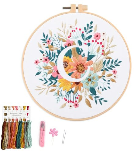 Myfelicity broderikit för nybörjare och vuxna, blommig och bokstavsdesign (C)