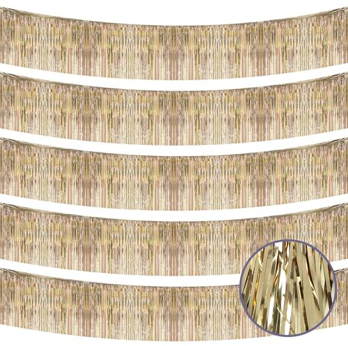 5 Stück 10 Füße Champagner Gold Fransen Girlande Metallic Wand Metallic-Folien Hängende Lametta Fringe Banner für Parade Schwimmt, Geburtstag Partydekor Hochzeit Weihnachten Neujahr Dekoration