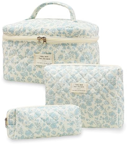 Aucuu 3PCS Set Kosmetiktasche, Reise Kosmetiktasche Set Damen, Kulturtasche Damen mit Blumenmuster, Gesteppte Kulturtasche, Kulturbeutel Make Up Tasche, Tragbare Schminktasche für Mädchen Frauen