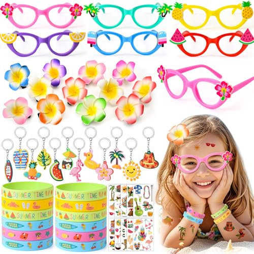 Cleboen Hawaii Party Mitgebsel Kindergeburtstag mit Sonnenbrille Haarspangen Silikonarmband Schlüsselanhängern Tattoos Sommer Party Deko Hawaiian Luau Kindergeburtstag Mädchen Kinder