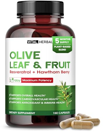 VITAL HERBAL Organic Olive Fruit & Leaf with Hawthorn Berry Capsules – 150 Capsules – Supports Overall Health, Antioxidant & Immune Function