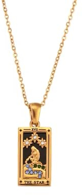 LUVA Tarot Card Pendant Necklace - 18K Gold Plated Stainless Steel - Enamel CZ Stone Tarot Deck Charms - Mystic Jewelry - Zodiac & Spiritual Gift - Waterproof, Anti Tarnish (The star)
