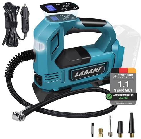 LADAMI Compressore a batteria per Makita 18 V, pompa ad aria a batteria fino a 150 PSI con luce LED e arresto auto, pompa ad aria portatile con manometro digitale, compressore d'aria elettrico per