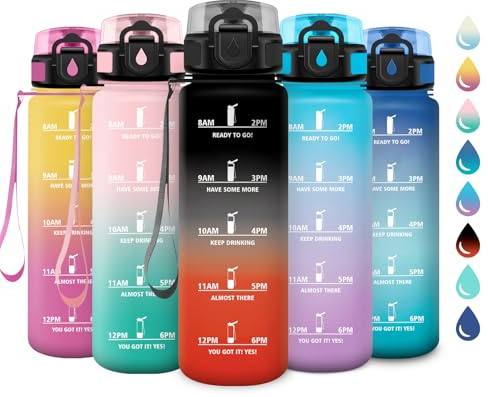 Borraccia 1L, Borraccie con Filtro, Borraccia Palestra con Indicatore del Tempo, Bottiglia Acqua Riutilizzabile, senza BPA, A Prova di Perdite, Bottiglia Sport per Campeggio, Studenti, Ufficio