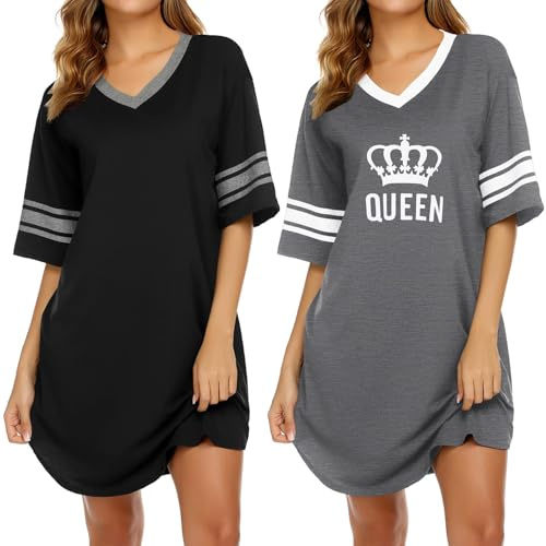 Ekouaer 2 Pack Womens Nighties Oversized Short Sleeve V Neck Nightdresses | soft lounge nightgown, knee-length nighshirt, plus size nighty, breathable fabric, contrast trim, curved hem