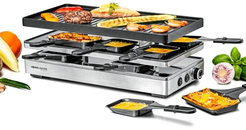 ROMMELSBACHER Pizza Raclette RCP 1800, Wendeplatte (Grillmuster/Crêpes), Pizzafunktion, keramische Antihaftbeschichtung (PFAS-frei), Parkdeck, 2 m Kabel, Ein/Ausschalter, stufenlose Temperaturregelung