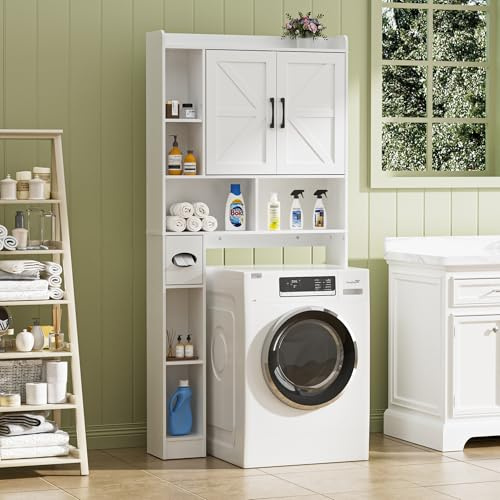BonVache Mueble Lavadora, Puerta de Dos Hojas, Estantes Ajustables, 7 Nichos Abiertos y un Compartimento para Toallas de Papel, para el Baño, los Inodoros y la Lavandería, Blanco