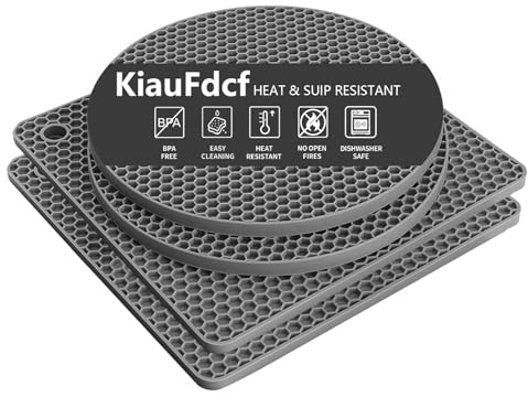 KiauFdcf 4 Pcs Heat-Resistant Silicone Trivet Set - Non-Slip Hot Pads for Dining Tables, Multi-Use Mats for Hot Cookware,Dishes, 2 Squared + 2 Round Coasters (Grey)