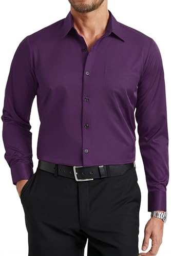 Enlision Camisas Hombre Morada Manga Larga Sin Plancha Elastica Camisa Hombre Negocios Boda Formal Ajuste Regular Cuello con Botones L