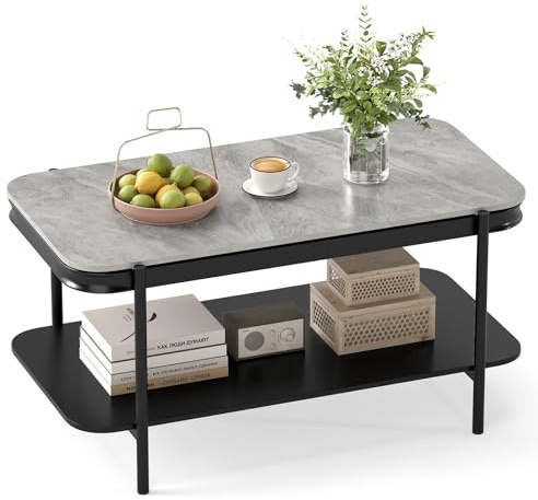 COSTWAY Mesa de Centro de 2 Niveles, Mesa de Café Rectangular Moderna con Tapa de Piedra Sinterizada y Estante de Almacenamiento, Estructura Metálica Resistente para Salon, 90 x 50 x 45,5 cm (Gris)