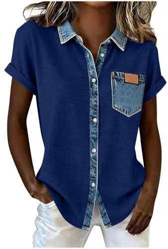 Chemisier Femme Jean Patchwork Imprimé Chemisiers Et Blouses Col Montant Manches Courtes Chic Et Élégant T-Shirt Décontractée Respirant Chemise Grande Taille Haute Mode Top