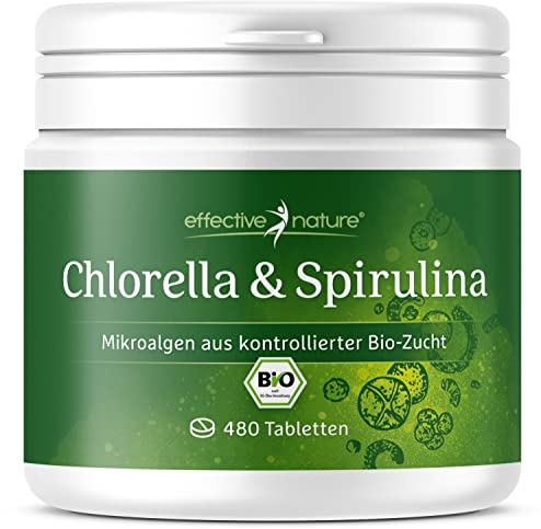 Spirulina Chlorella Presslinge - 480 Algentabletten - 100% natürliches Bio Spirulina und Chlorella- 2 Superfoods kombiniert - Für ca. 1-2 Monate