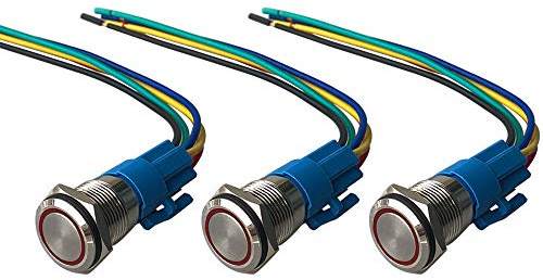 QitinDasen 3Pcs Premium 12V / 24V 5A Interruttore a Pulsante Momentaneo, 16mm Interruttore a Pulsante in Metallo con LED Rosso, Interruttore Avviamento Auto in Acciaio Inossidabile impermeabile