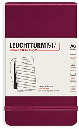 LEUCHTTURM1917 364408 anteckningsblock ficka (A6), inbundet fodral, 184 numrerade sidor, linjerade, röd port | 184 numrerade perforerade sidor, 90 x 150 mm, trådhäftning, innehållsförteckning, gummi med förslutning