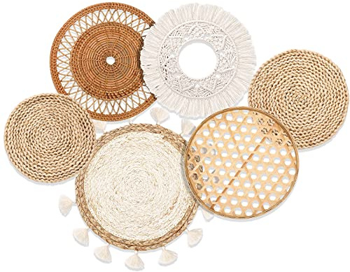Nuenen Boho Wall Basket Decor Set- Extra Large 8.7 to 15 Inch Boho Macrame Wall Decor Bulrush Woven Round Hanging Tassels Art Decoration for Living Room Headboard Bedroom Home(Classic Style)