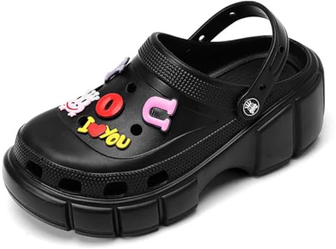 Sunporx Plattform Träskor för kvinnor klassisk trädgård slip-on sandaler dam hög tjock sula clog, Svart, 39 EU